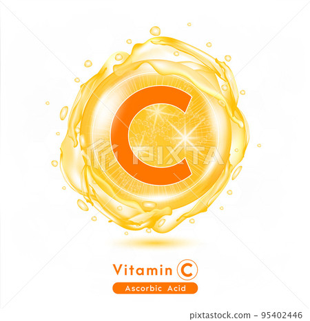 Vitamin C Orange shining pill capsule. Vitamin complex with Chemical formula. Meds for health ads. Beauty treatment nutrition skin care design. Vector illustration. 95402446