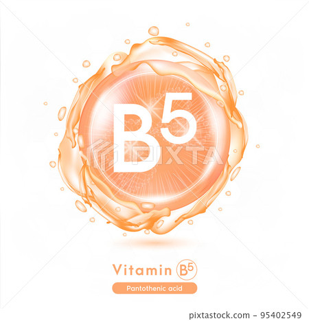 Vitamin B5 Orange shining pill capsule. Vitamin complex with Chemical formula. Meds for health ads. Beauty treatment nutrition skin care design. 95402549