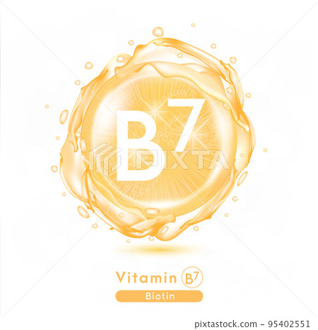 Vitamin B7 Orange shining pill capsule. Vitamin complex with Chemical formula. Meds for health ads. Vitamin B7 Orange shining pill capsule. Vitamin complex with Chemical formula. Meds for health ads. 95402551
