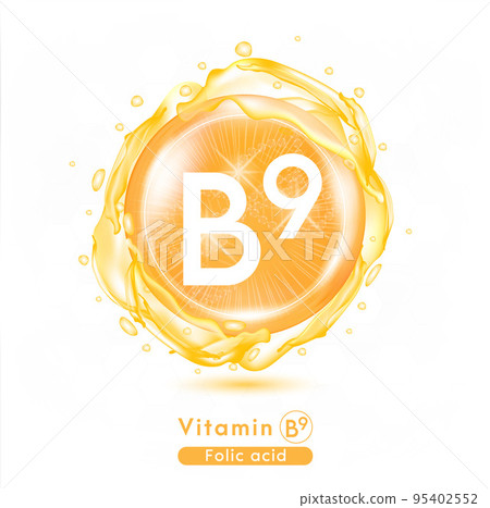 Vitamin B9 Orange shining pill capsule. Vitamin complex with Chemical formula.  95402552