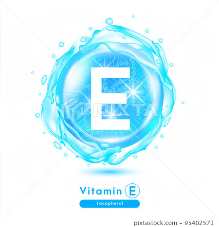 Vitamin E blue shining pill capsule. Vitamin complex with Chemical formula. Meds for health ads. Beauty treatment nutrition skin care design. Vector illustration. 95402571
