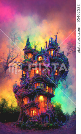 Halloween magical fairytale haunted treehouse castle with a colorful background. Halloween magical fairytale haunted treehouse castle with a colorful background. 95402588