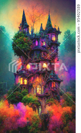 Halloween magical fairytale haunted treehouse castle with a colorful background. 95402589