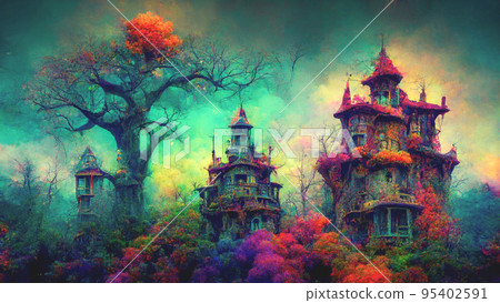 Halloween magical fairytale haunted treehouse castle with a colorful background. 95402591