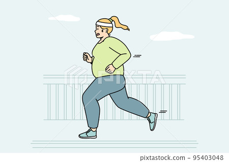 Fat woman makes cardio outdoor to burn calories. Fat woman makes cardio outdoor to burn calories. 95403048