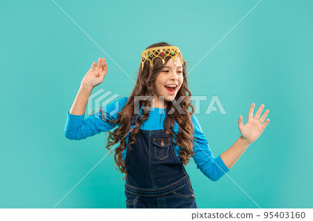 egoistic teen girl wear diadem. arrogance and selfishness. portrait of glory. glad child in crown. 95403160