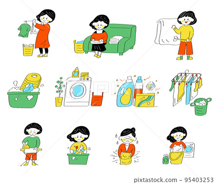 Illustration of a woman doing laundry and cleaning 95403253