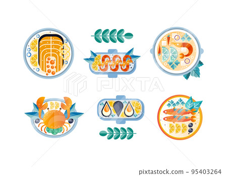 Plates with Different Seafood Like Crab, Salmon, Oyster and Shrimp Flat Vector Set Plates with Different Seafood Like Crab, Salmon, Oyster and Shrimp Flat Vector Set 95403264