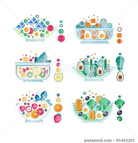 Salad Bowl with Different Ingredients with Fresh Fruit and Vegetables with Seafood Flat Vector Set 95403265
