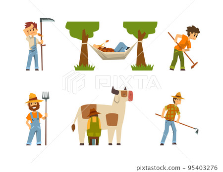 Young Man Farmer Working in the Field with Scythe, Resting in Hammock and Milking Cow Vector Set 95403276