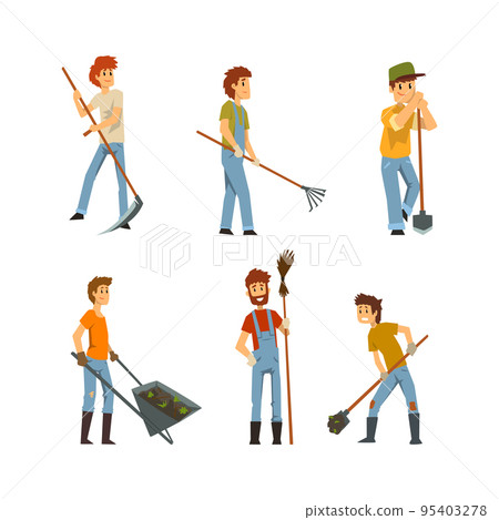 Young Man Farmer Working in the Field with Scythe, Shovel, Wheelbarrow and Rake Vector Set 95403278