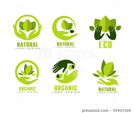 Organic and Eco Logo Design with Green Leaf and Hand Vector Set 95403308