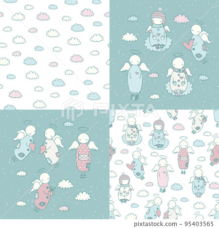 Set of cute doodle angels and seamless patterns 95403565