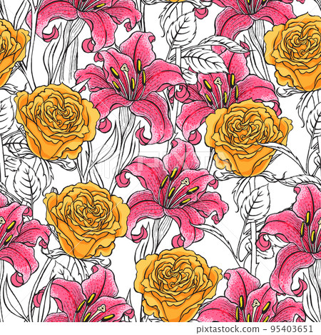 Seamless roses and lilies Seamless roses and lilies 95403651