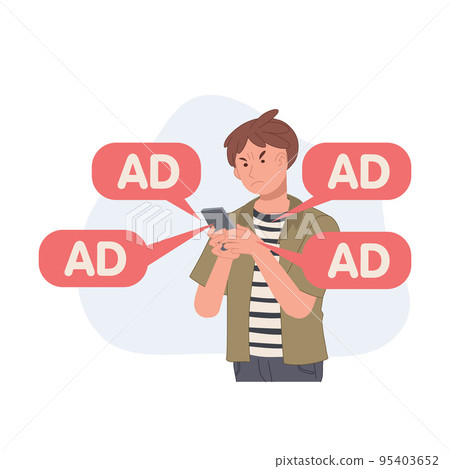 Angry and annoying man with ads notifications from smartphone app, internet ad , spam. Vector illustration. 95403652
