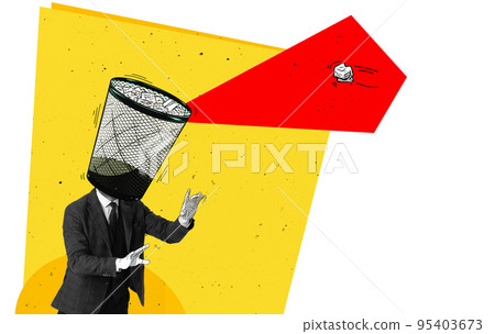 Contemporary art collage. Creative design. Businessman with trash bin head. Rejection of ideas. Brainstorming and challenges Contemporary art collage. Creative design. Businessman with trash bin head. Rejection of ideas. Brainstorming and challenges 95403673
