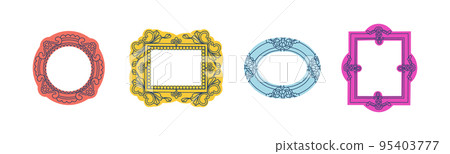 A set of colored classic carved picture frames. Decorative frame for photos and drawings. Vector isolated illustration for design. 95403777