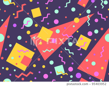 Geometric seamless pattern in 80s memphis style. Colorful multicolored abstract geometric pattern. Design of promotional products, wrapping paper and printing. Vector illustration 95403952
