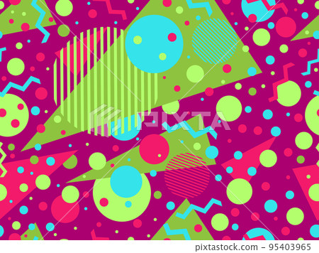 Geometric seamless pattern in 80s memphis style. Colorful multicolored abstract geometric pattern. Design of promotional products, wrapping paper and printing. Vector illustration Geometric seamless pattern in 80s memphis style. Colorful multicolored abstract geometric pattern. Design of promotional products, wrapping paper and printing. Vector illustration 95403965
