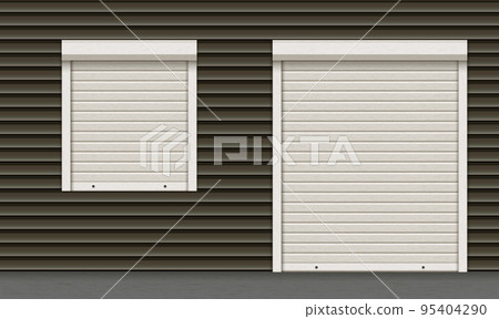 White closed roller garage shutter door and window with realistic texture on dark facade 95404290