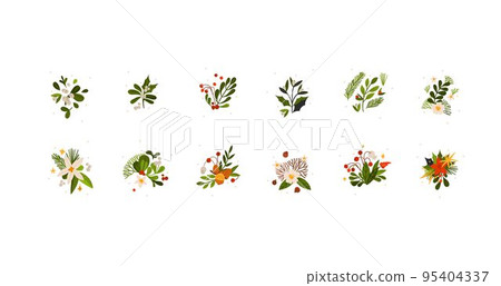 Hand drawn vector abstract graphic Merry Christmas and Happy new year clipart illustrations greeting card set with flowers and leaves.Merry Christmas cute floral design background.Winter holiday art. Hand drawn vector abstract graphic Merry Christmas and Happy new year clipart illustrations greeting card set with flowers and leaves.Merry Christmas cute floral design background.Winter holiday art. 95404337
