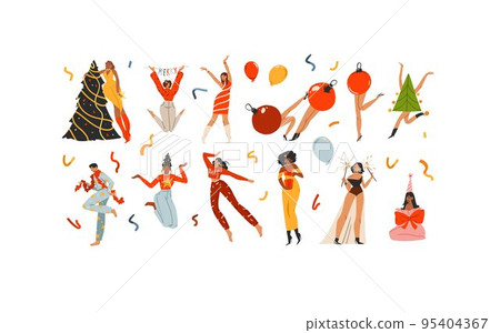 Happy people team together celebrating a holiday Christmas party or New Year on corporate event. Set of man woman with , garland, sparklers, confetti, gift.Vector illustration.Xmas concept art design. Happy people team together celebrating a holiday Christmas party or New Year on corporate event. Set of man woman with , garland, sparklers, confetti, gift.Vector illustration.Xmas concept art design. 95404367