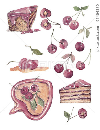 Colorful summer set of desserts. Isolated watercolor illustrations of food: pieces of cakes, cherry compote and ripe cherries 95404380