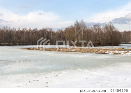 Melting ice on frozen lake surface in early spring forest landscape Melting ice on frozen lake surface in early spring forest landscape 95404396