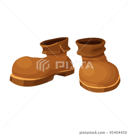 Pair brown leather walking boots in cartoon style isolated on white background. Game element 95404450