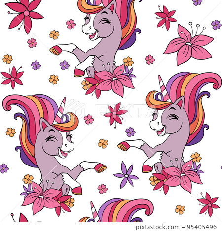 Seamless pattern with cute unicorn in pink flowers - Stock Illustration ...