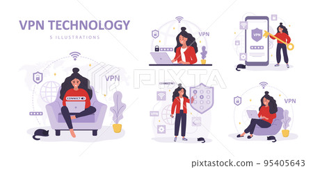 VPN technology collection. Women using virtual private network. Password security. Privacy data protection. Modern software for remote servers. Set of vector illustrations in flat cartoon style 95405643