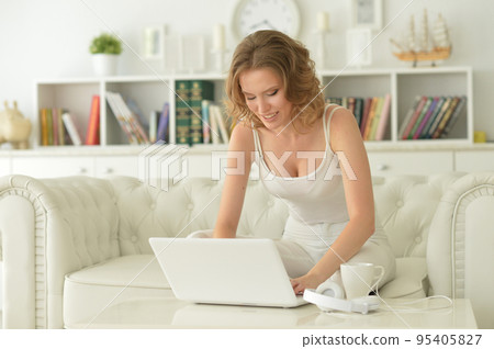 Portrait of a beautiful woman with a laptop on the sofa 95405827
