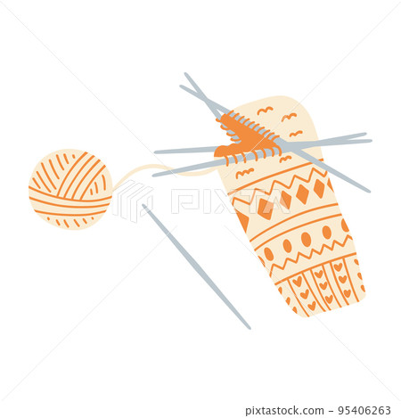 Knitted sock on needles and yarn ball. Hand drawn vector illustration of knitting process, concept of hobby, leisure time needlework 95406263
