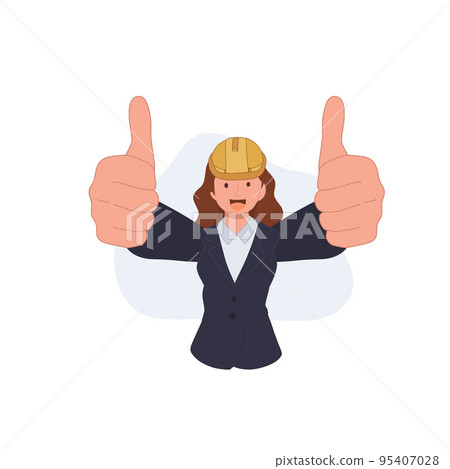 Female engineer two like gesture, thumb up. good quality concept. Vector illustration Female engineer two like gesture, thumb up. good quality concept. Vector illustration 95407028