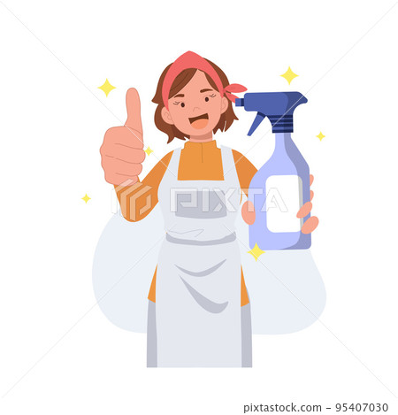 Happy smiling housekeeper raise thumb fingers up approving good quality cleaning detergent product. Vector illustration. Happy smiling housekeeper raise thumb fingers up approving good quality cleaning detergent product. Vector illustration. 95407030