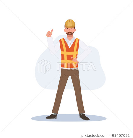 Cheerful male engineer wearing a helmet and showing a thumb up. Vector illustration 95407031