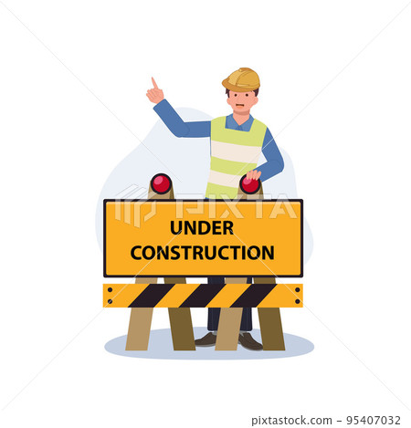 Engineer with under construction placard sign. No entry. Vector illustration 95407032