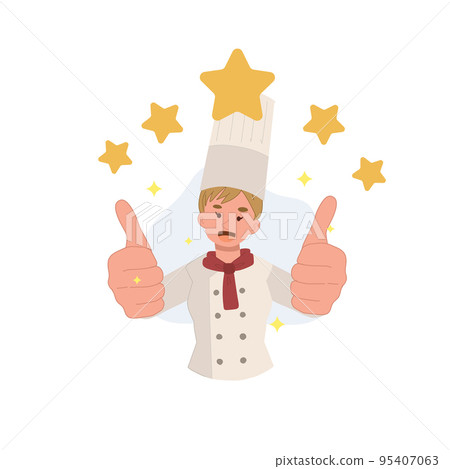 Smiling female chef or baker with thumbs up five stars . vector cartoon illustration 95407063