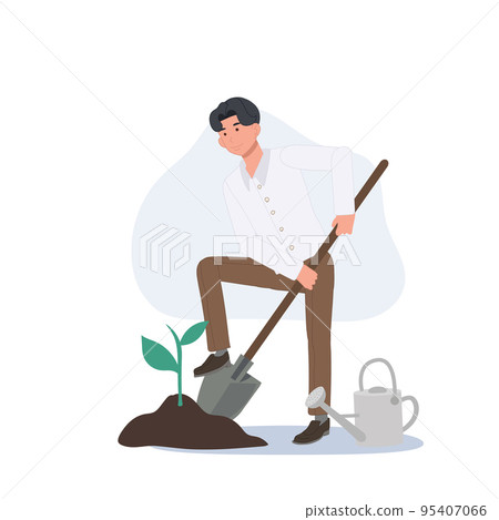 Care of Planet and Nature concept. man planting tree. Vector illustration 95407066