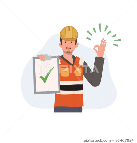Male engineer wear safety helmet showing listboard with check mark and doing OK hand sign gesture. Quality Approval concept. Vector illustration 95407084