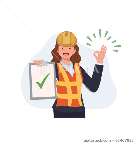 Female engineer wear safety helmet showing listboard with check mark and doing OK hand sign gesture. Quality Approval concept. Vector illustration 95407085