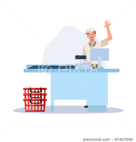 Happy male grocery store or supermarket cashier at checkout counter. Vector illustration Happy male grocery store or supermarket cashier at checkout counter. Vector illustration 95407090
