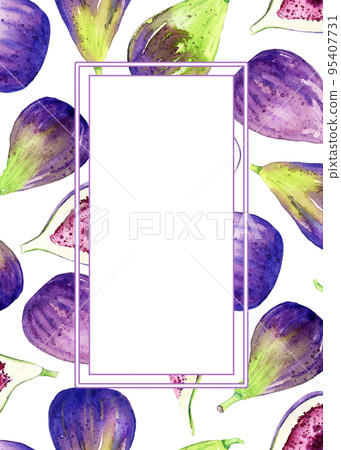 Greeting card template with watercolor hand drawn figs. Illustration of sweet fresh crop. Organic food for label, menu, recipes, packaging. Summet fruit harvest. 95407731