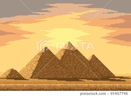 8bit pixel pyramids in Egypt desert. Retro 8bit arcade screen wallpaper with pharaoh tomb, platform console game desert vector landscape. Indie pixel game level design asset with Giza pyramids 8bit pixel pyramids in Egypt desert. Retro 8bit arcade screen wallpaper with pharaoh tomb, platform console game desert vector landscape. Indie pixel game level design asset with Giza pyramids 95407746