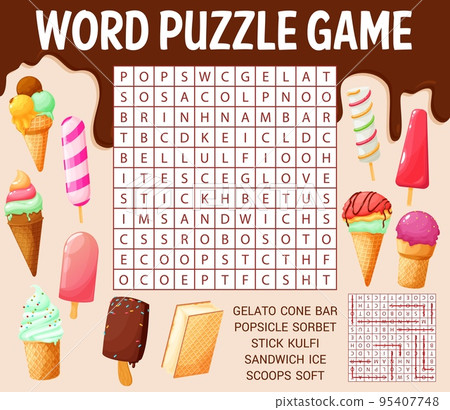 Ice cream cones and desserts, word search puzzle game worksheet, kids quiz grid. Vector crossword task for children with kulfi, gelato, bar, soft, popsicle, cone, stick, scoops, sandwich and sorbet 95407748