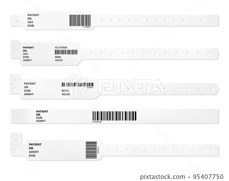 Medical hospital wristband or bracelet mockup. Patient or newborn baby ID armlet, hospital identification 3d bracelet or realistic vector white plastic wristbands with barcode 95407750