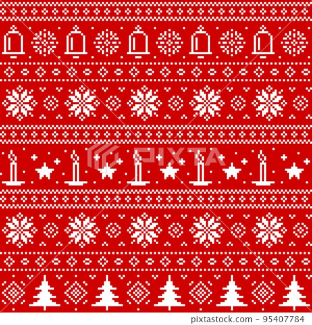 Christmas sweater seamless pattern with winter holidays vector ornaments. Xmas background with knitted texture, red white pattern of ugly sweater with Christmas trees, snowflakes, Xmas bells, candles 95407784