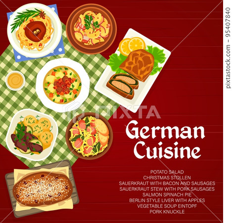 German cuisine menu cover design. Potato salad, Christmas Stollen and sauerkraut with bacon, salmon spinach pie, Berlin style liver and soup Eintopf, pork knuckle, sauerkraut stew with pork sausages 95407840