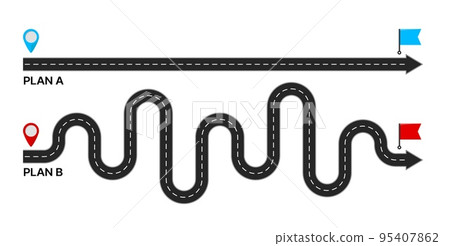 Plan B. Destination point. Expectation, reality, path way and journey to complicated target, simple life expectations and hard reality, challenge scenario and path to success strategy vector concept 95407862