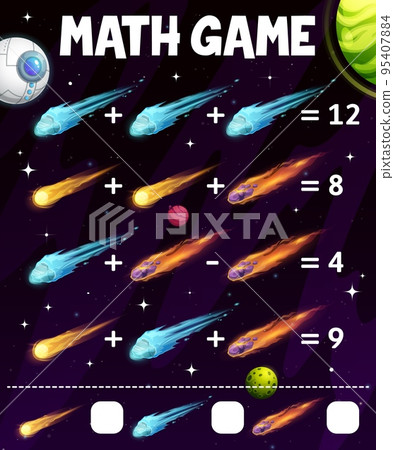 Starry galaxy galaxy space with asteroids and comets, math game worksheet. Cartoon vector educational quiz teaser, puzzle for counting and mathematics skills development. Numeracy riddle for kids 95407884